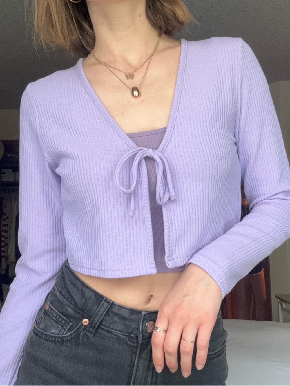 h&m lilac purple cropped tie-front ribbed cardigan